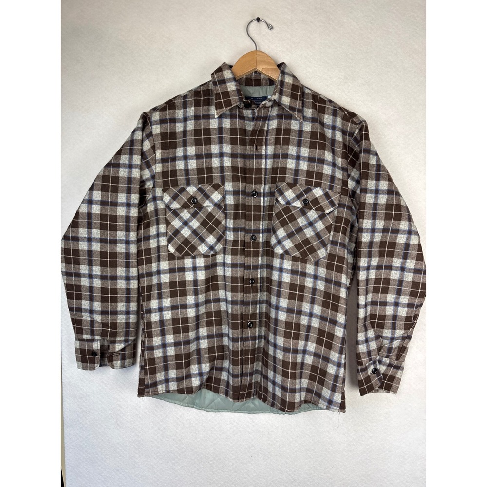 Vintage Sears Perma-Prest Quilted Plaid Flannel Shirt Jacket Medium Brown Blue